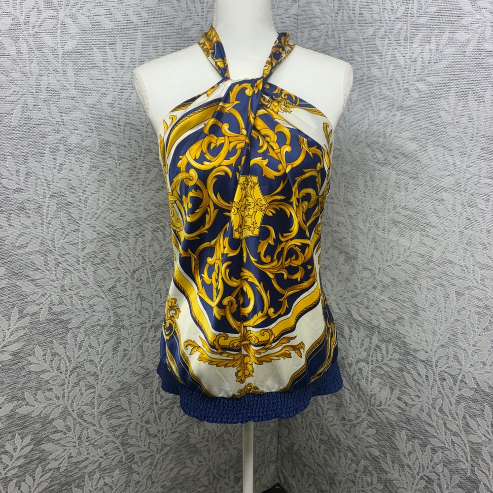 Cache Halter Top Womens XL Blue Gold Baroque Scarf Print Smocked Hem Euro Summer